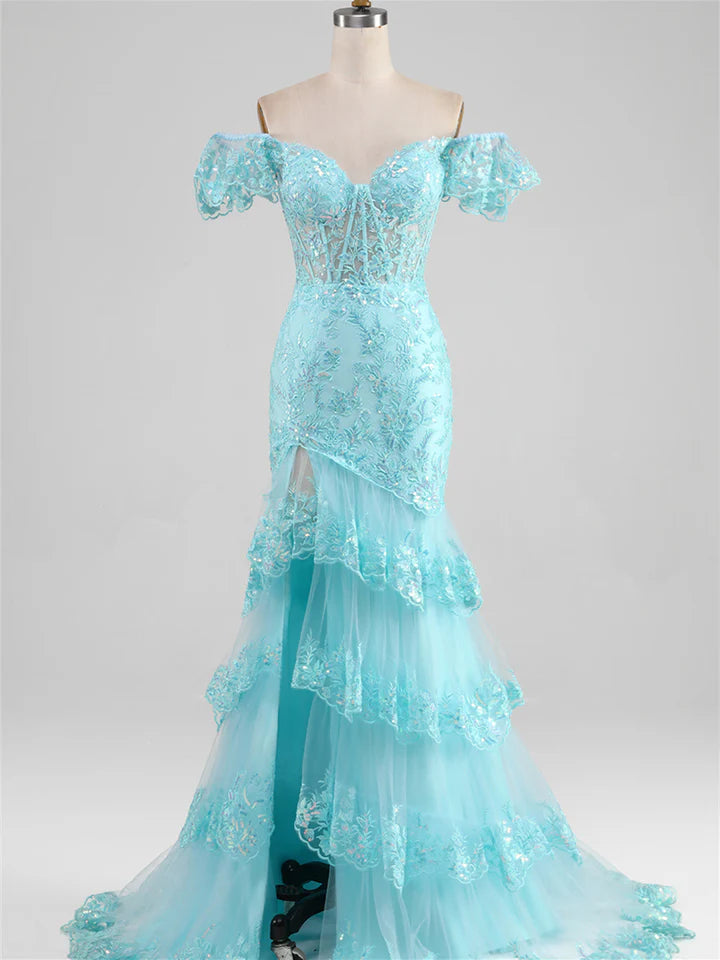 Glamorous Mermaid Off - Shoulder Ruffle Sleeve Zipper Back Long Length Prom Dresses