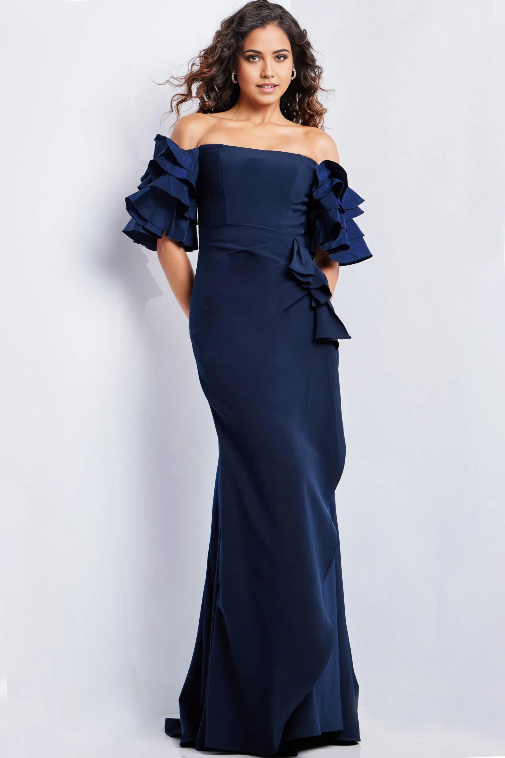 Glamorous Mermaid Off-Shoulder Ruffled-Sleeve Long Length Evening Dresses