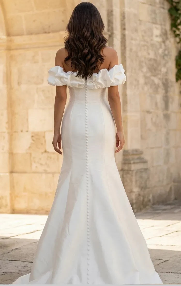 Glamorous Mermaid Off-Shoulder Ruffled-Sleeve Pearl-Button Back Train Length Wedding Dresses