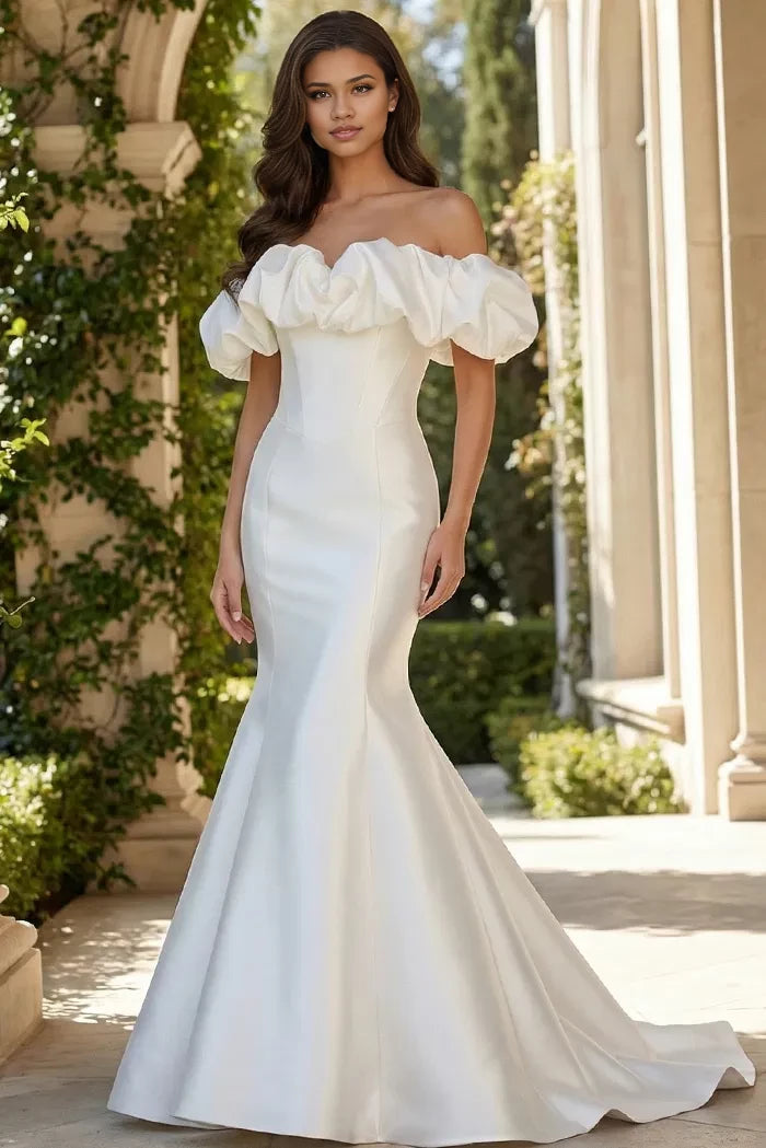 Glamorous Mermaid Off-Shoulder Ruffled-Sleeve Pearl-Button Back Train Length Wedding Dresses