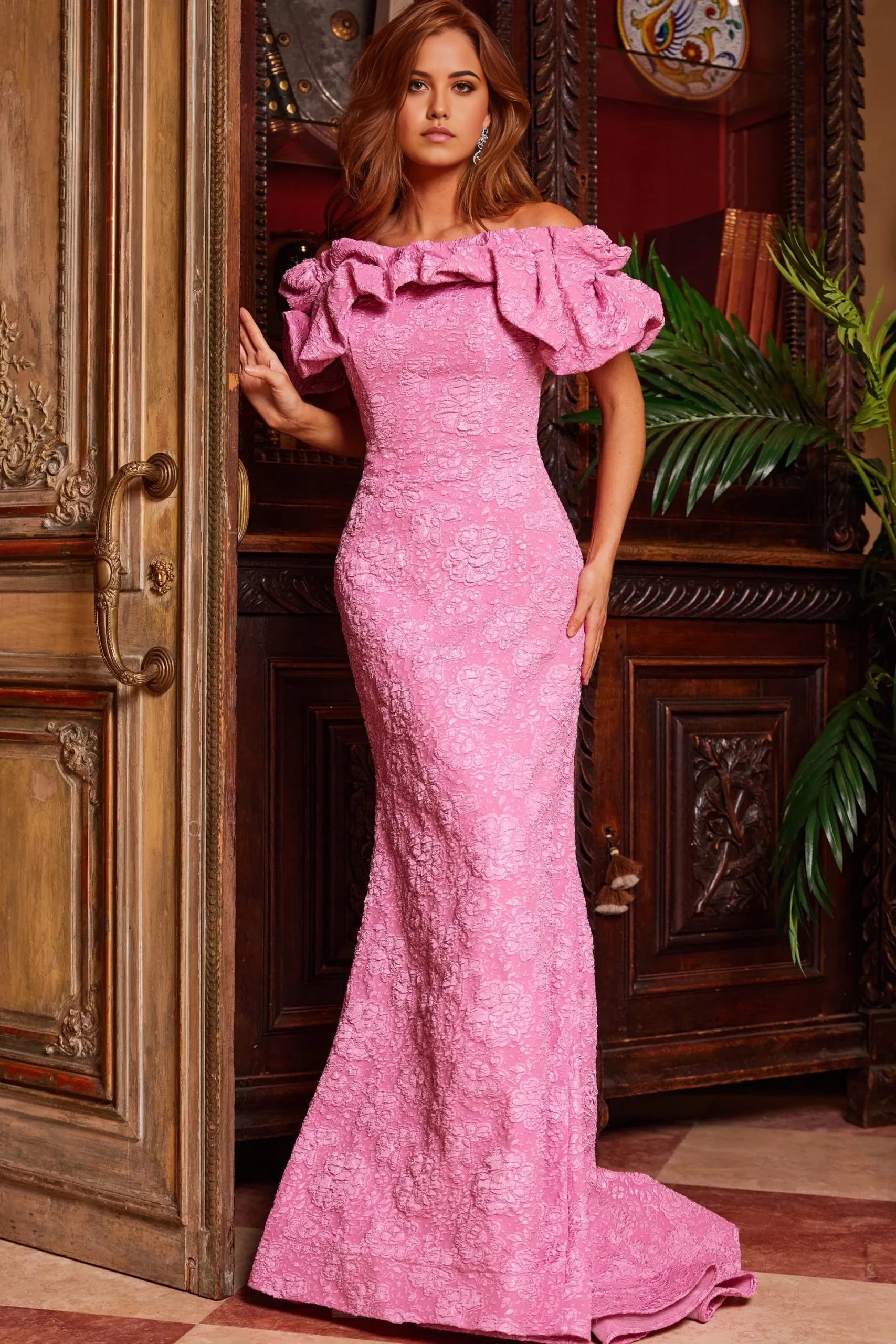 Glamorous Mermaid Off-Shoulder Ruffled-Trim Textured-Floral Short-Sleeve Long Length Evening Dresses