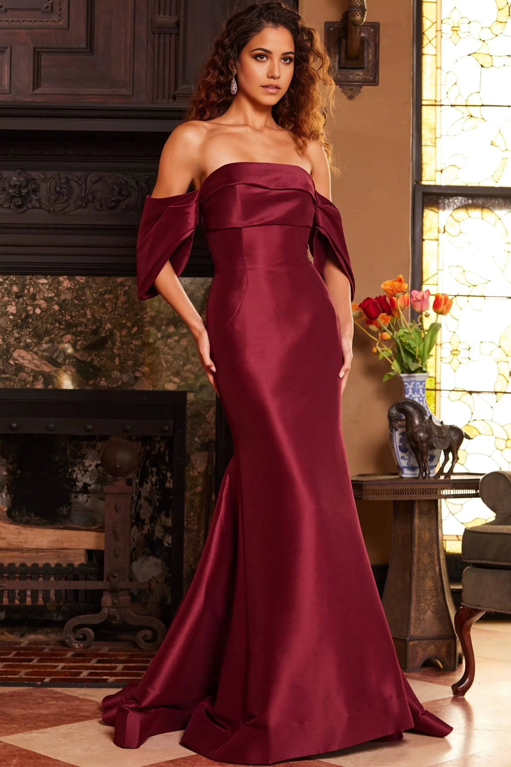 Glamorous Mermaid Off-Shoulder Satin Dramatic-Sleeve Long Length Evening Dresses