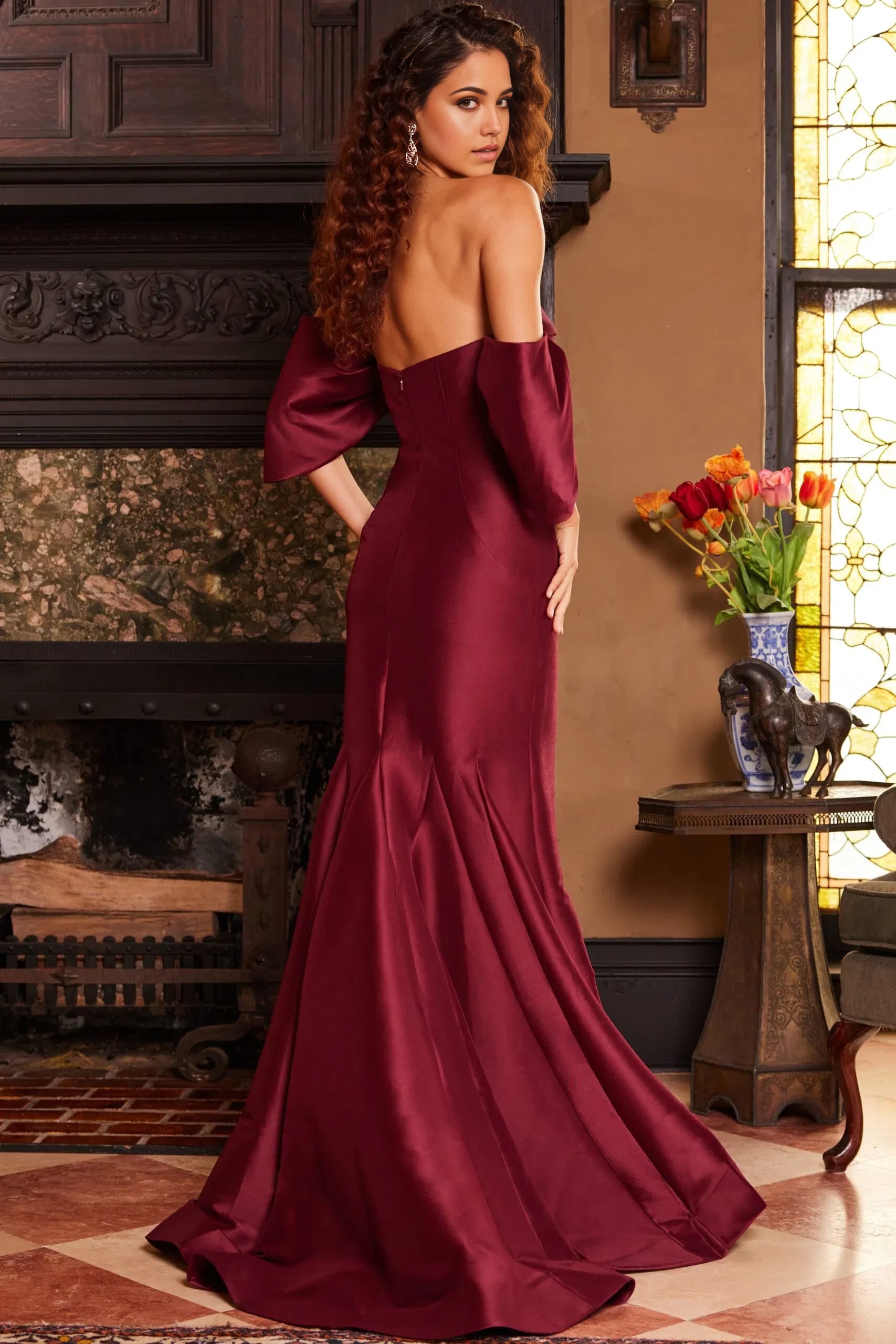 Glamorous Mermaid Off-Shoulder Satin Dramatic-Sleeve Long Length Evening Dresses