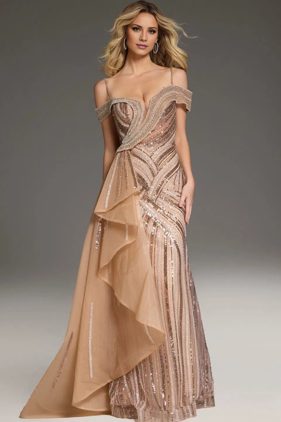 Glamorous Mermaid Off-Shoulder Sequin-Accent Ruffle-Accent Long Length Evening Dresses