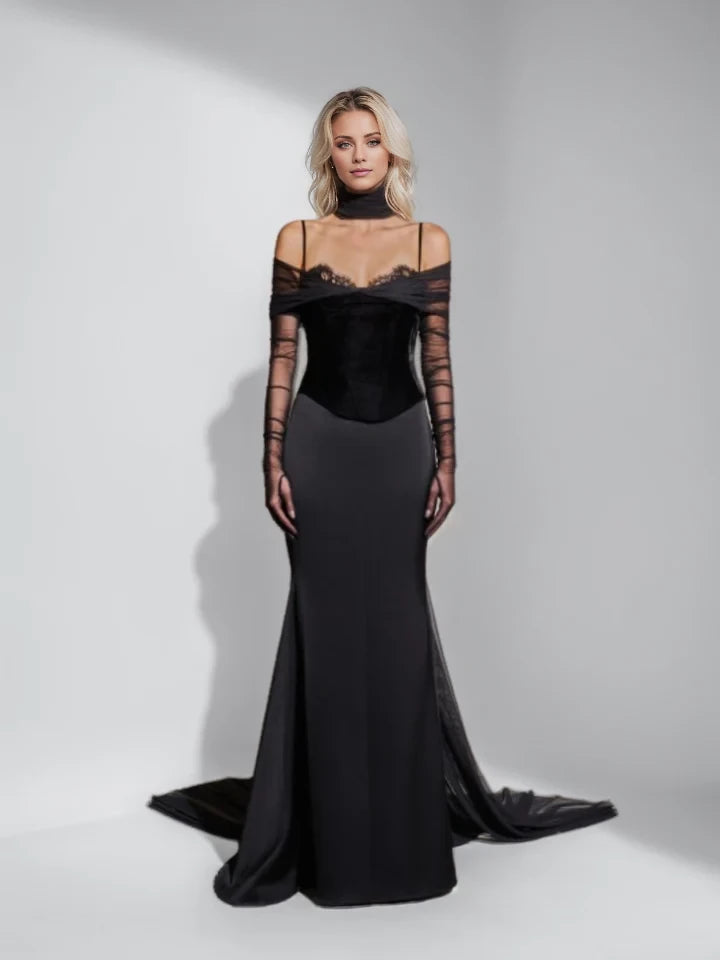 Glamorous Mermaid Off - Shoulder Sheer Long - Sleeve Cape Back Floor - Length Evening Gown