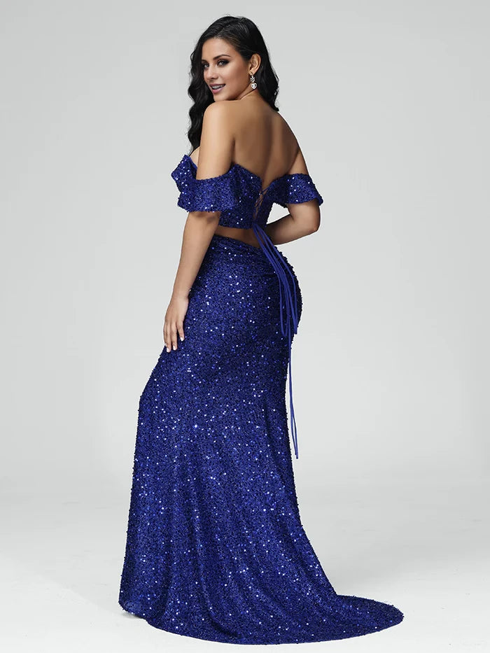Glamorous Mermaid Off - Shoulder Short - Sleeve Lace - Up Back Long Length Prom Dresses