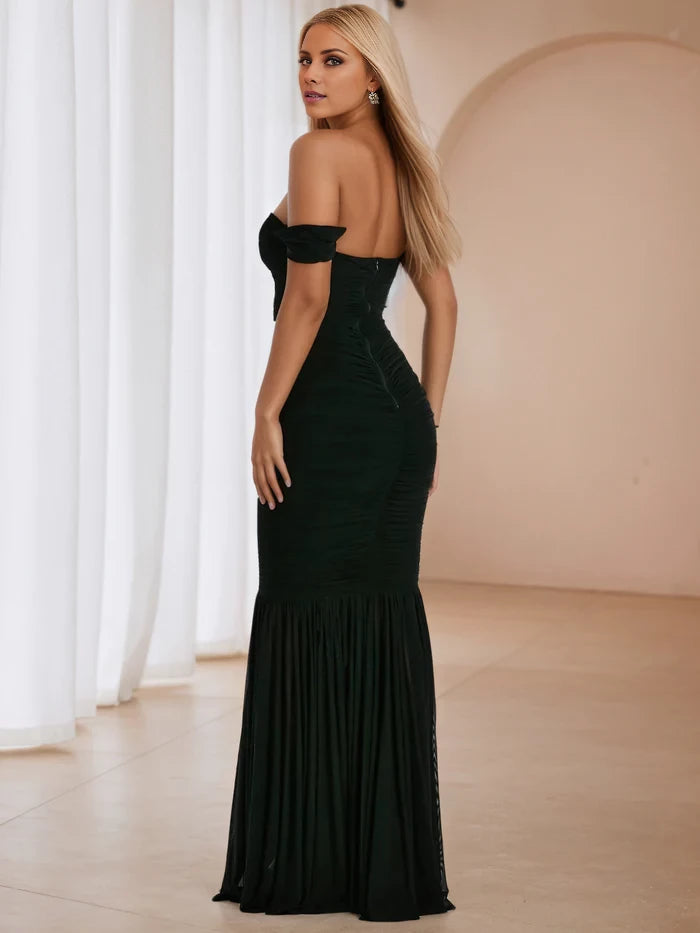 Glamorous Mermaid Off - Shoulder Short Sleeve Open Back Long Length Prom Dresses