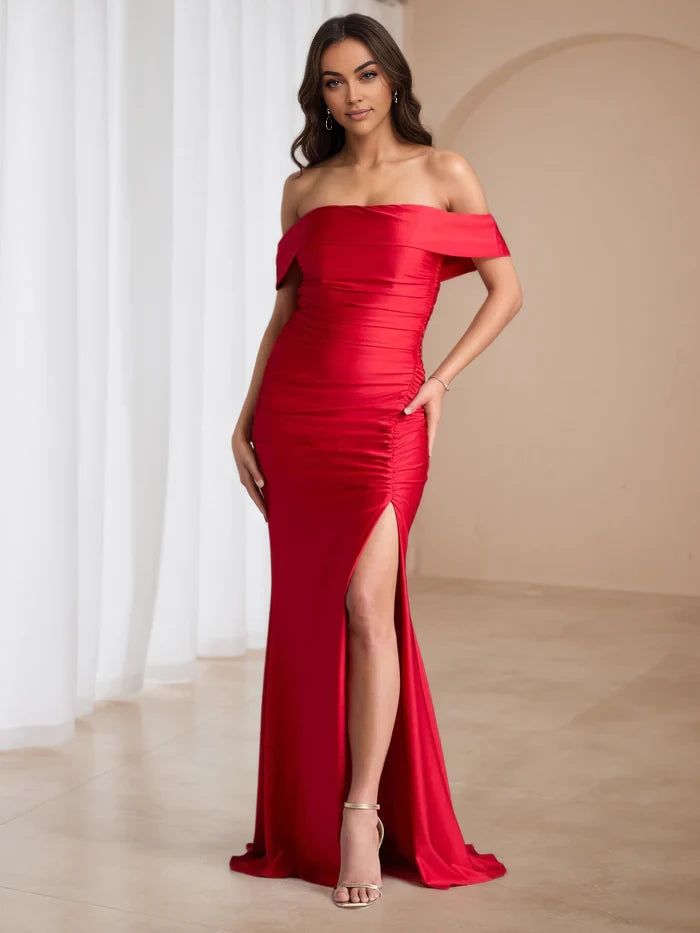 Glamorous Mermaid Off - Shoulder Short Sleeve Plain Back Floor Length Prom Dresses