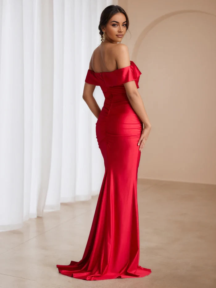 Glamorous Mermaid Off - Shoulder Short Sleeve Plain Back Floor Length Prom Dresses