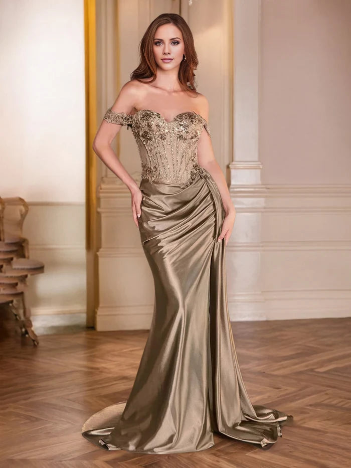 Glamorous Mermaid Off - Shoulder Short Sleeve Zipper Back Long Length Prom Dresses