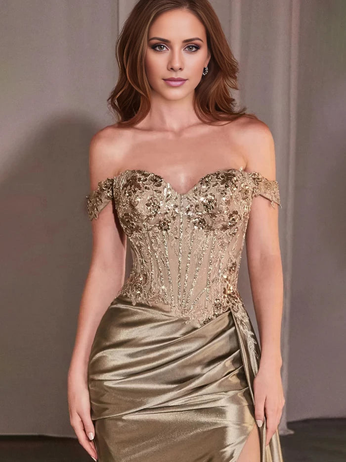 Glamorous Mermaid Off - Shoulder Short Sleeve Zipper Back Long Length Prom Dresses