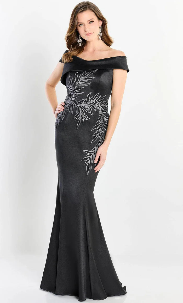 Glamorous Mermaid Off-Shoulder Silver-Leaf-Embroidery-Button-Back Black Satin Floor-Length Mother of the Bride Dresses
