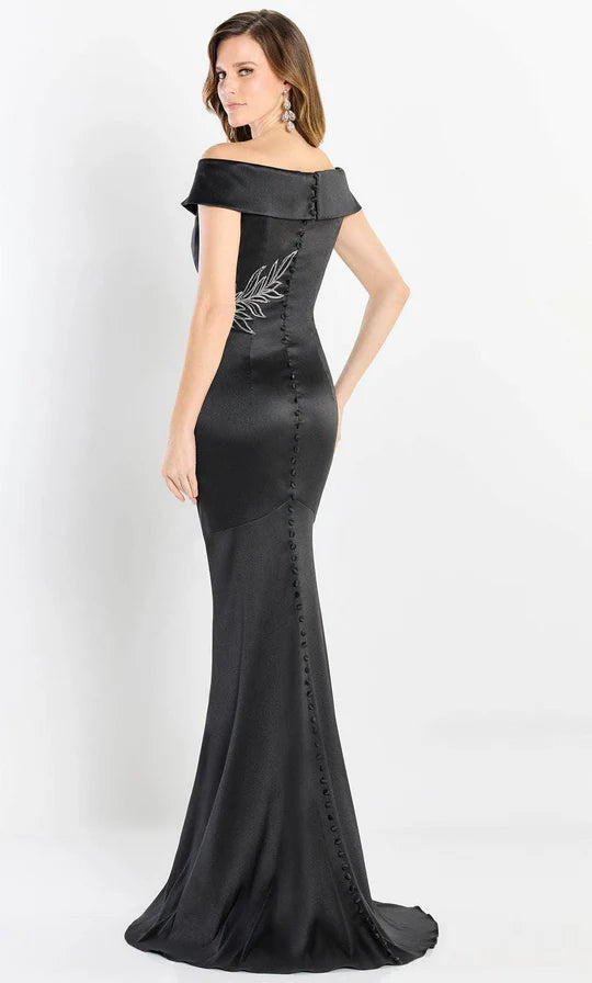 Glamorous Mermaid Off-Shoulder Silver-Leaf-Embroidery-Button-Back Black Satin Floor-Length Mother of the Bride Dresses