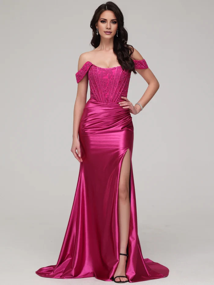 Glamorous Mermaid Off - Shoulder Sleeve Zipper Back Long Length Prom Dresses