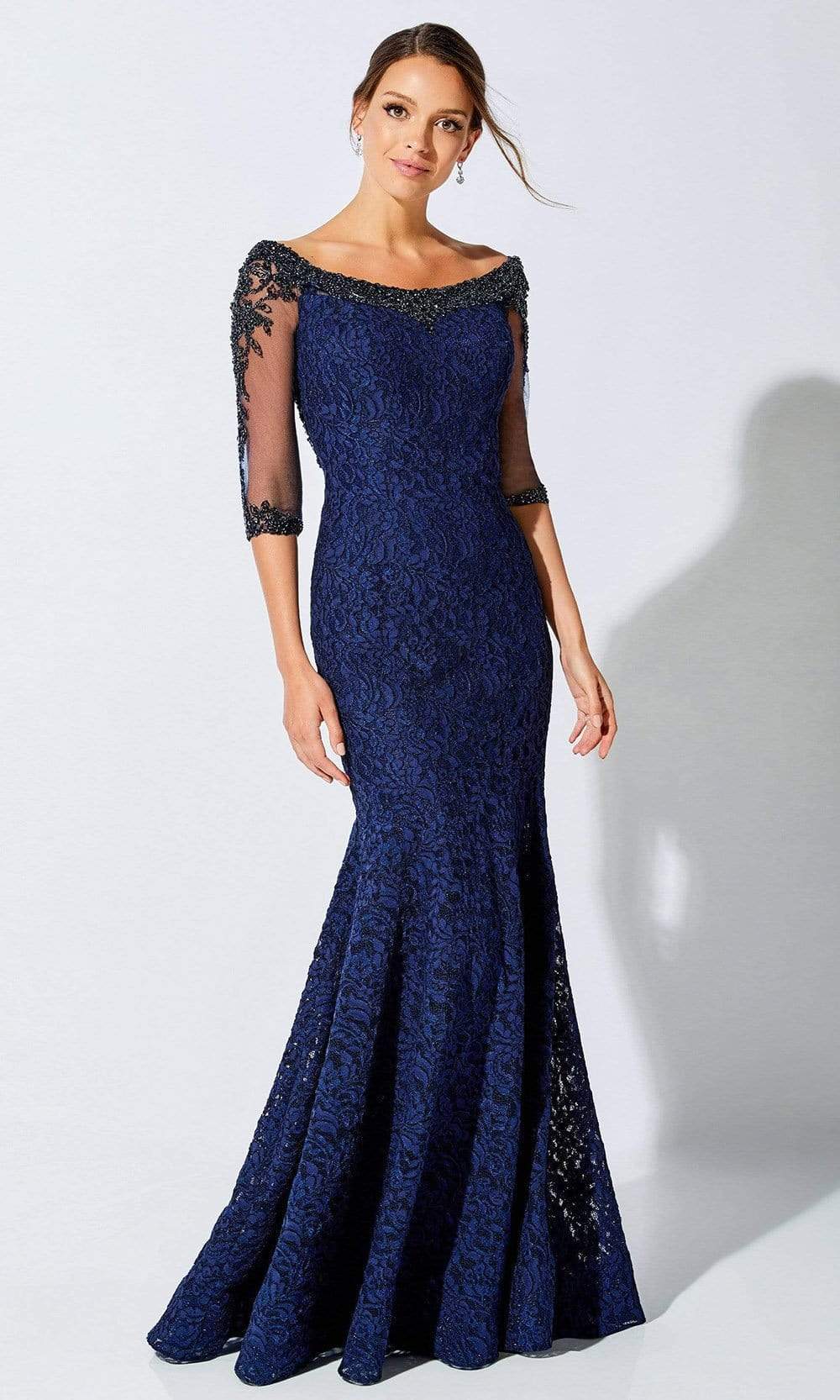 Glamorous Mermaid Off-Shoulder Three-Quarter-Sleeve Beaded-Back Navy Lace Floor-Length Mother of the Bride Dresses