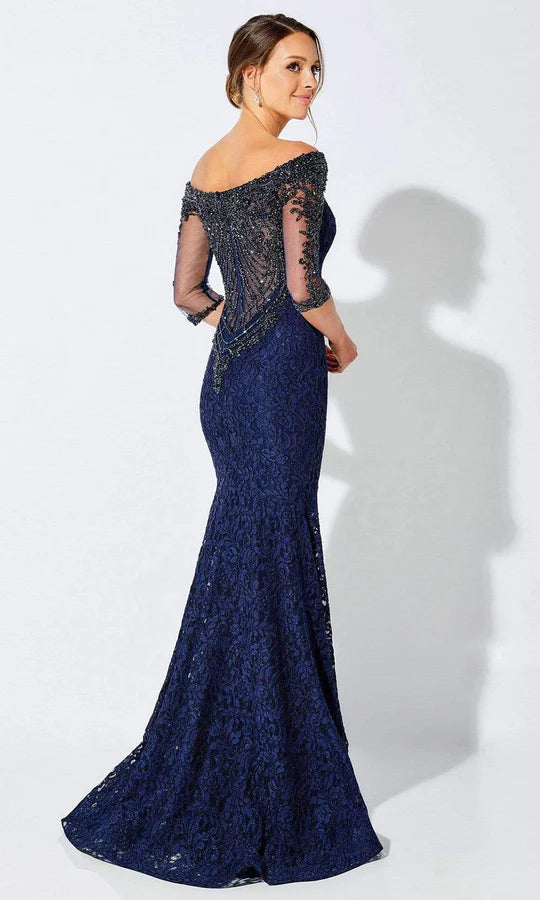 Glamorous Mermaid Off-Shoulder Three-Quarter-Sleeve Beaded-Back Navy Lace Floor-Length Mother of the Bride Dresses
