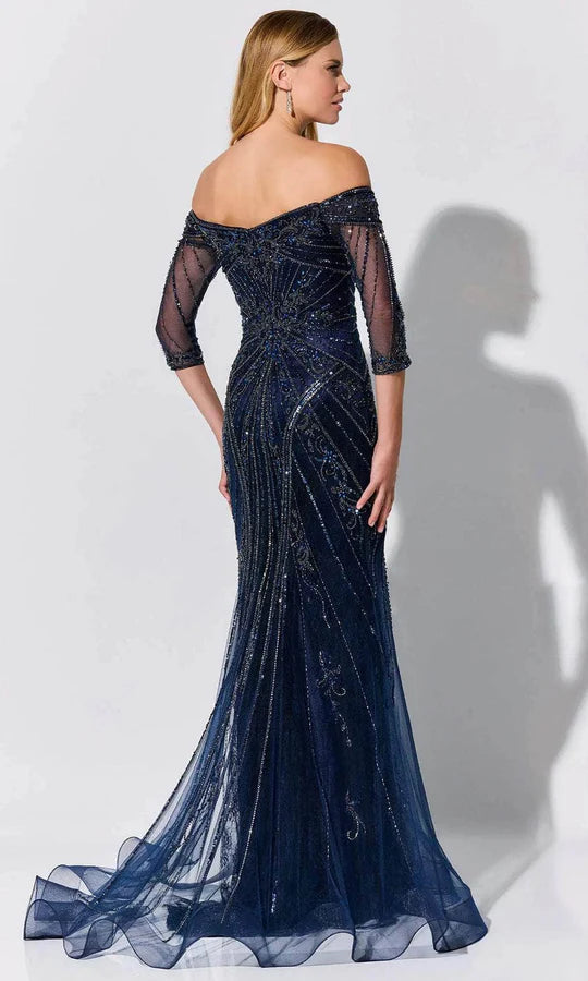 Glamorous Mermaid Off-Shoulder Three-Quarter-Sleeve Beaded-Stripe-Back Navy Tulle Floor-Length Mother of the Bride Dresses