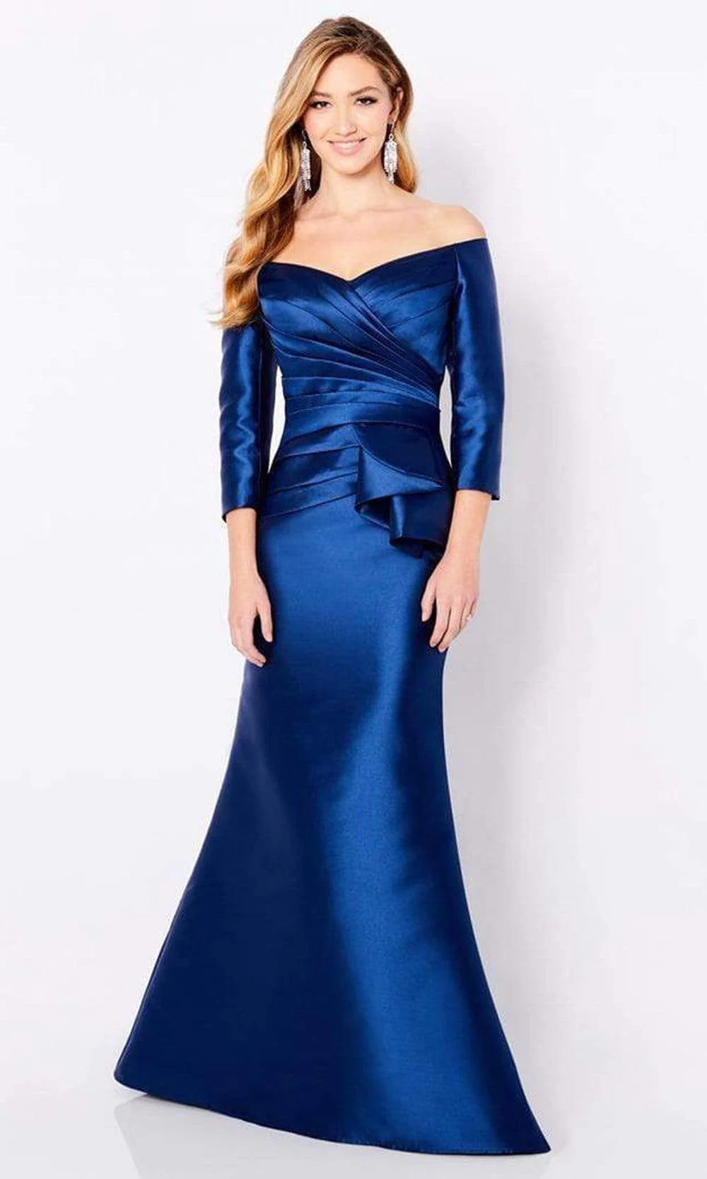Glamorous Mermaid Off-Shoulder Three-Quarter-Sleeve Button-Back Royal Blue Satin Ruffled Floor-Length Mother of the Bride Dresses