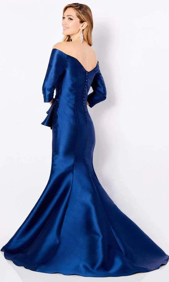 Glamorous Mermaid Off-Shoulder Three-Quarter-Sleeve Button-Back Royal Blue Satin Ruffled Floor-Length Mother of the Bride Dresses