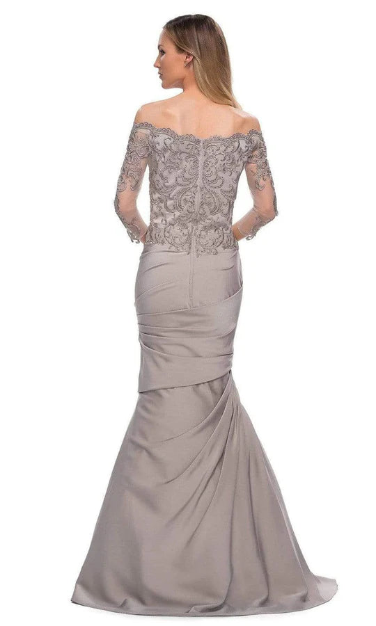 Glamorous Mermaid Off-Shoulder Three-Quarter-Sleeve Lace-Back Dusty-Silver Satin Embellished Floor-Length Mother of the Bride Dresses