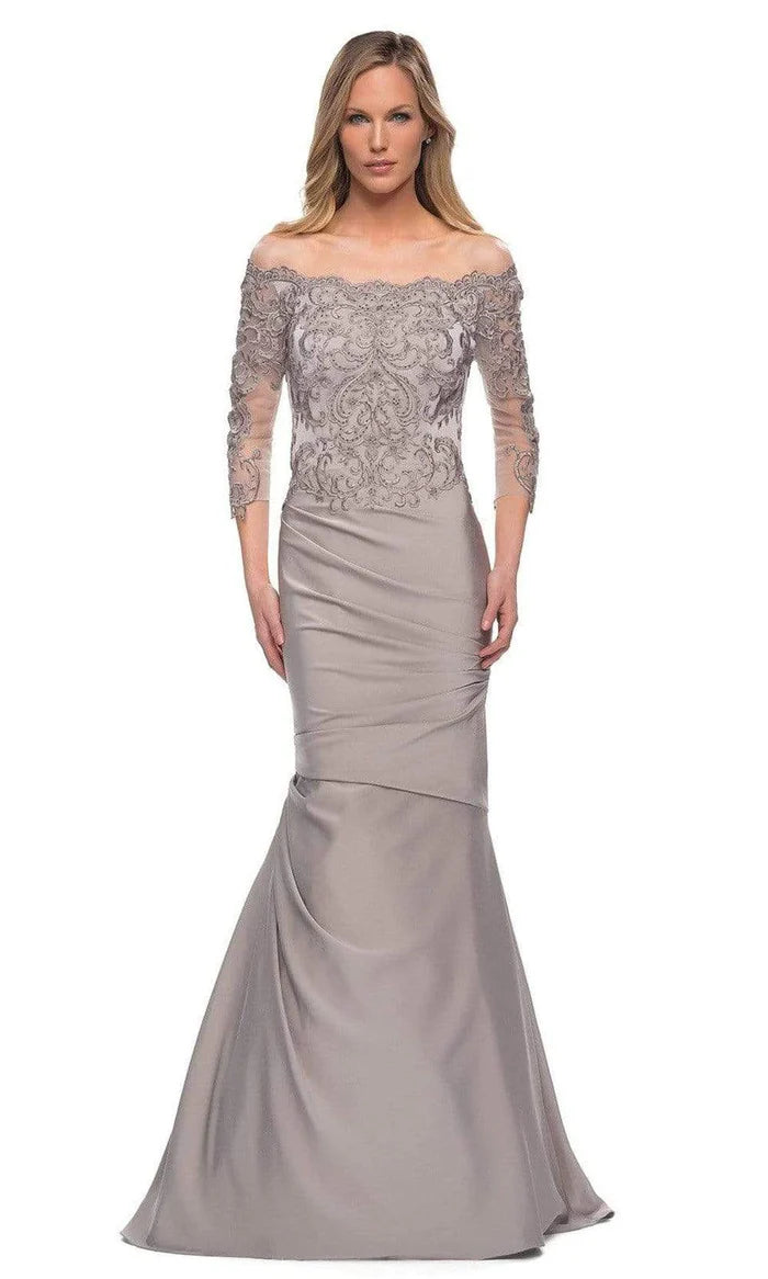 Glamorous Mermaid Off-Shoulder Three-Quarter-Sleeve Lace-Back Dusty-Silver Satin Embellished Floor-Length Mother of the Bride Dresses