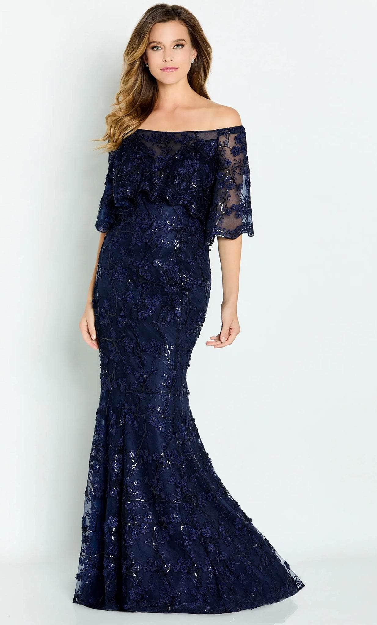 Glamorous Mermaid Off-Shoulder Three-Quarter-Sleeve Sequin-Lace-Back Navy Tulle Floor-Length Mother of the Bride Dresses