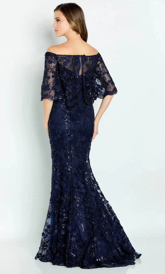 Glamorous Mermaid Off-Shoulder Three-Quarter-Sleeve Sequin-Lace-Back Navy Tulle Floor-Length Mother of the Bride Dresses