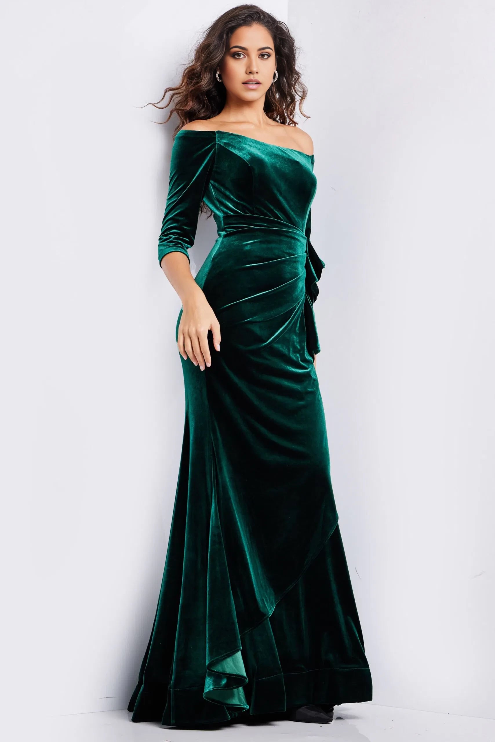 Glamorous Mermaid Off-Shoulder Velvet Ruched-Bodice Long Length Evening Dresses