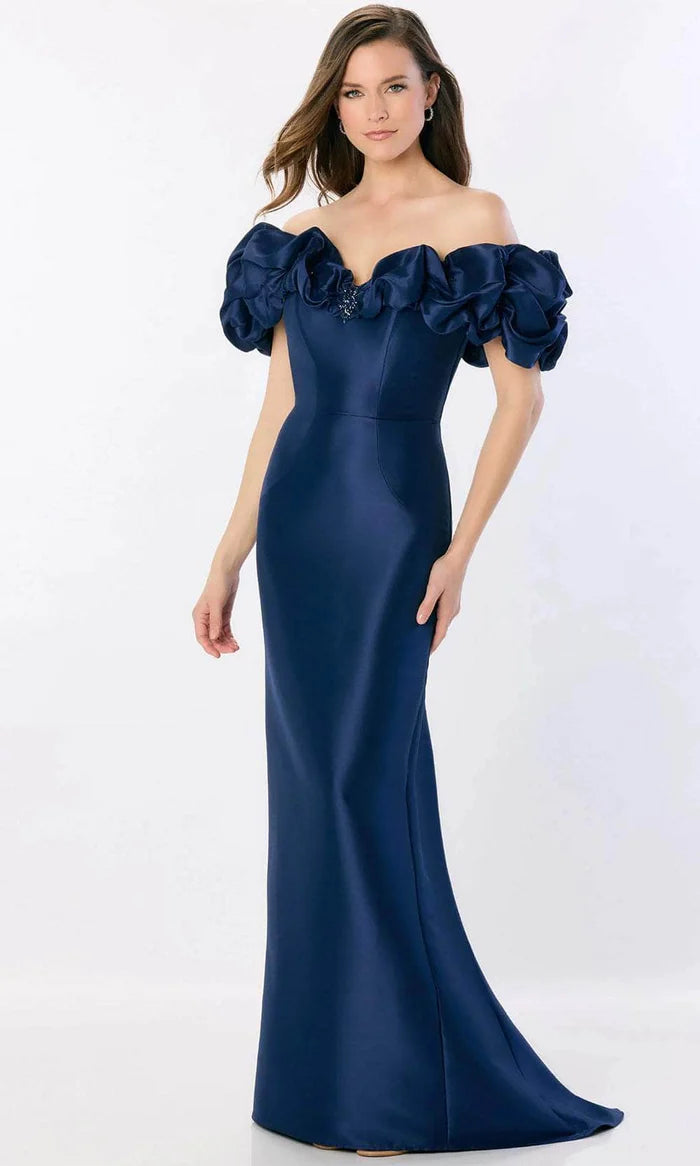 Glamorous Mermaid Off-Shoulder Voluminous-Ruffle-Beaded-Accent-Button-Back Royal Blue Satin Floor-Length Mother of the Bride Dresses