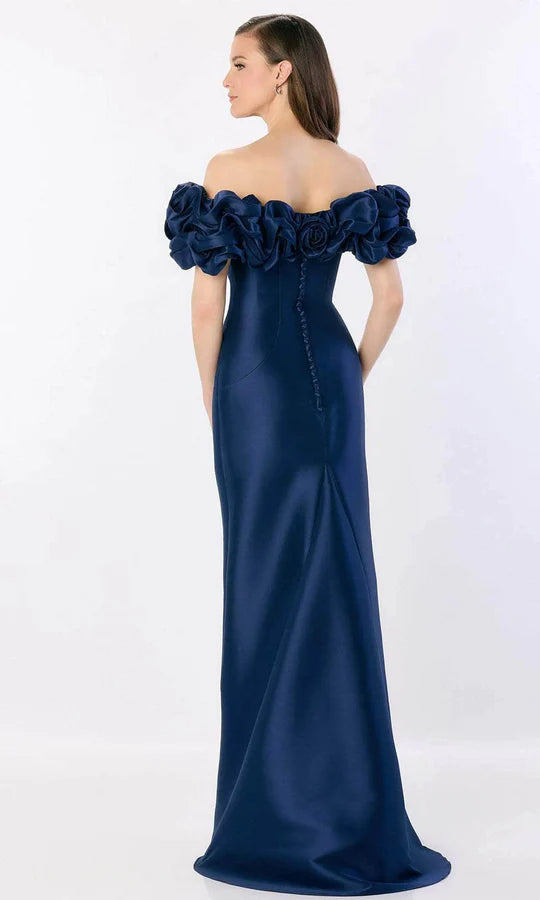Glamorous Mermaid Off-Shoulder Voluminous-Ruffle-Beaded-Accent-Button-Back Royal Blue Satin Floor-Length Mother of the Bride Dresses