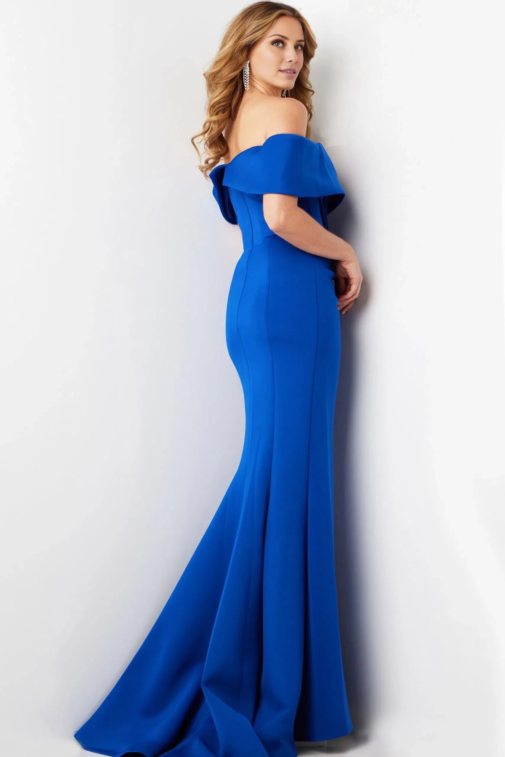 Glamorous Mermaid Off-Shoulder Wrap-Accent High-Slit Open-Back Long Length Evening Dresses