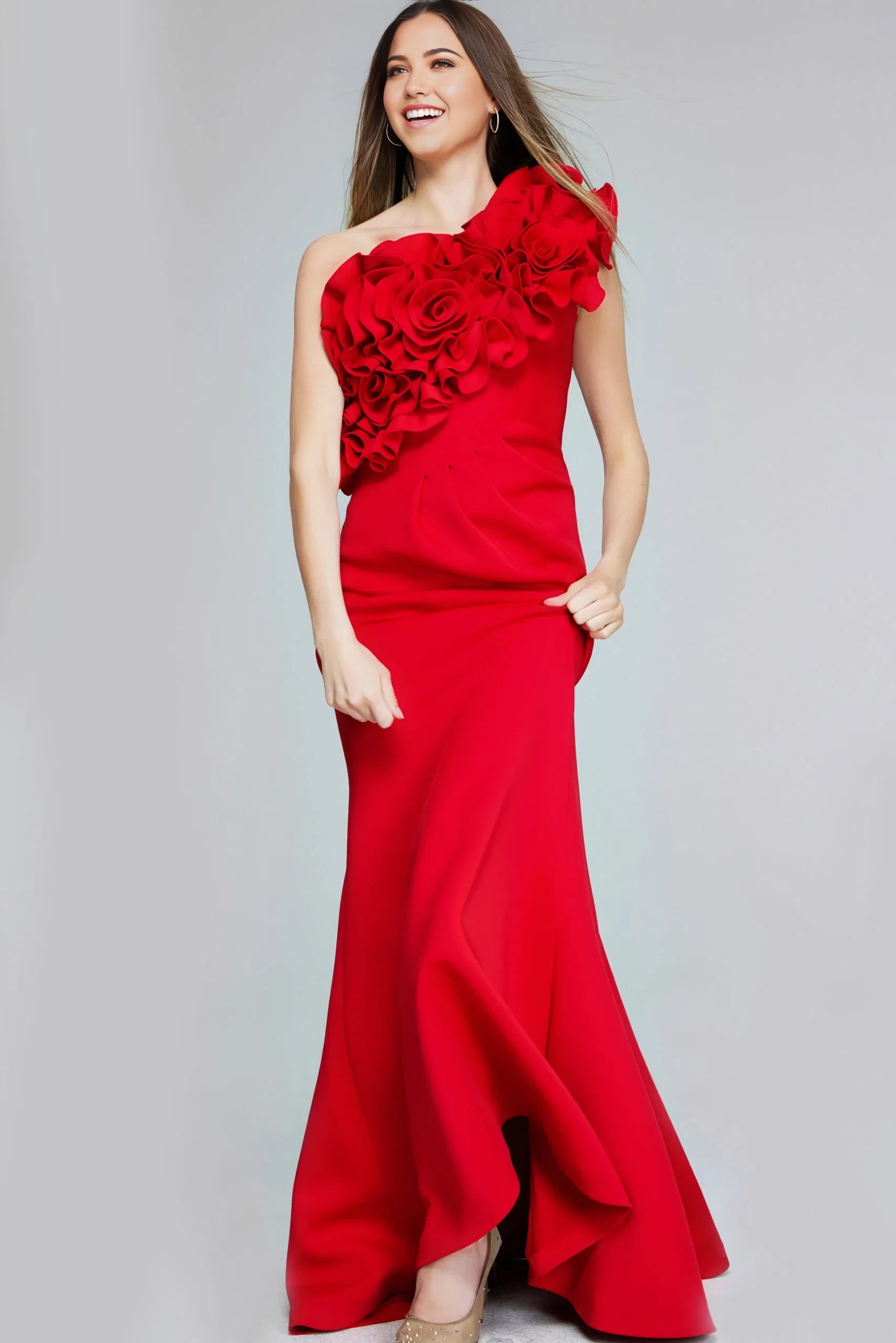 Glamorous Mermaid One-Shoulder 3D Floral-Ruffle Long Length Evening Dresses