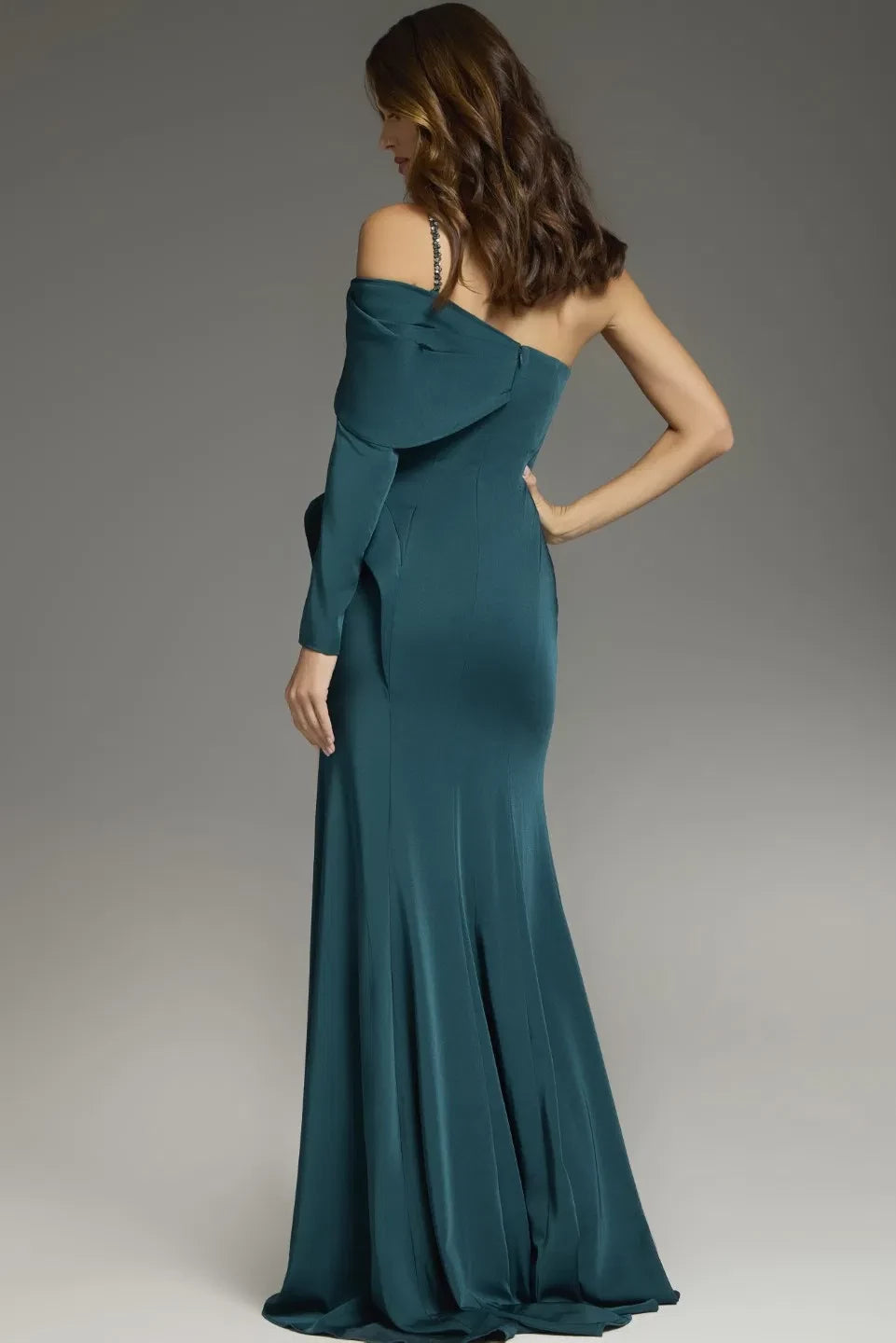 Glamorous Mermaid One-Shoulder Beaded-Accent Asymmetric-Sleeve Slit-Accent Long Length Evening Dresses