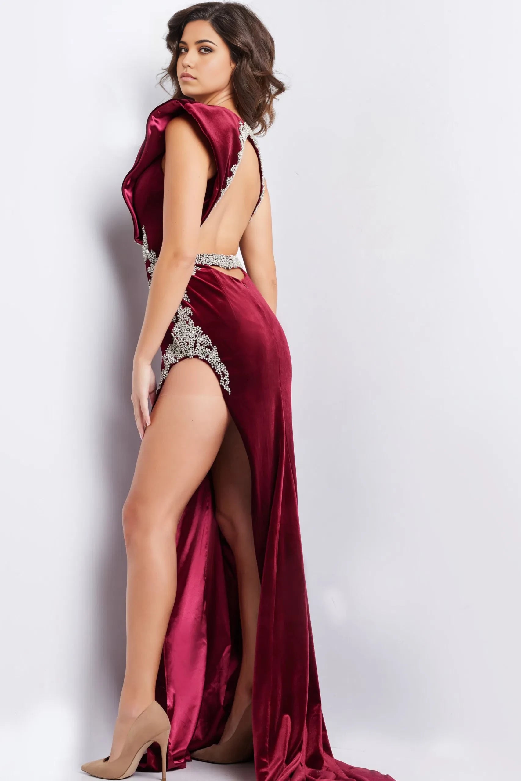 Glamorous Mermaid One-Shoulder Beaded-Accent High-Slit Open-Back Long Length Evening Dresses