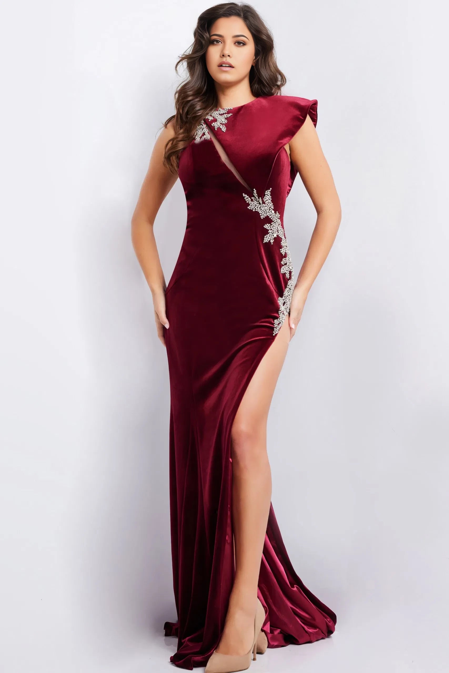 Glamorous Mermaid One-Shoulder Beaded-Accent High-Slit Open-Back Long Length Evening Dresses