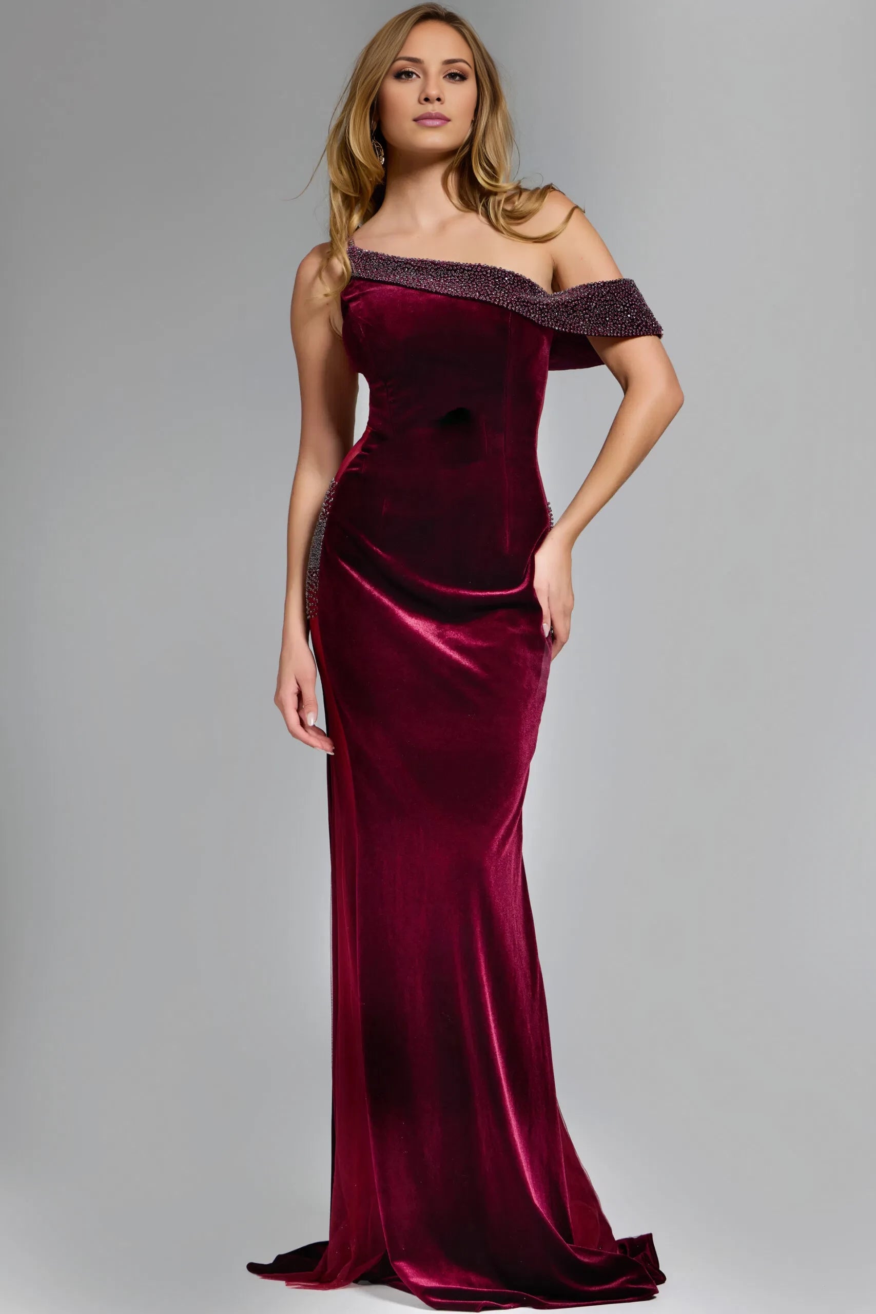 Glamorous Mermaid One-Shoulder Beaded-Accent Sheer-Panel Long Length Evening Dresses