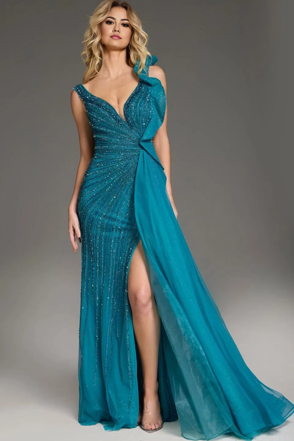 Glamorous Mermaid One-Shoulder Beaded-Chiffon High-Slit Long Length Evening Dresses