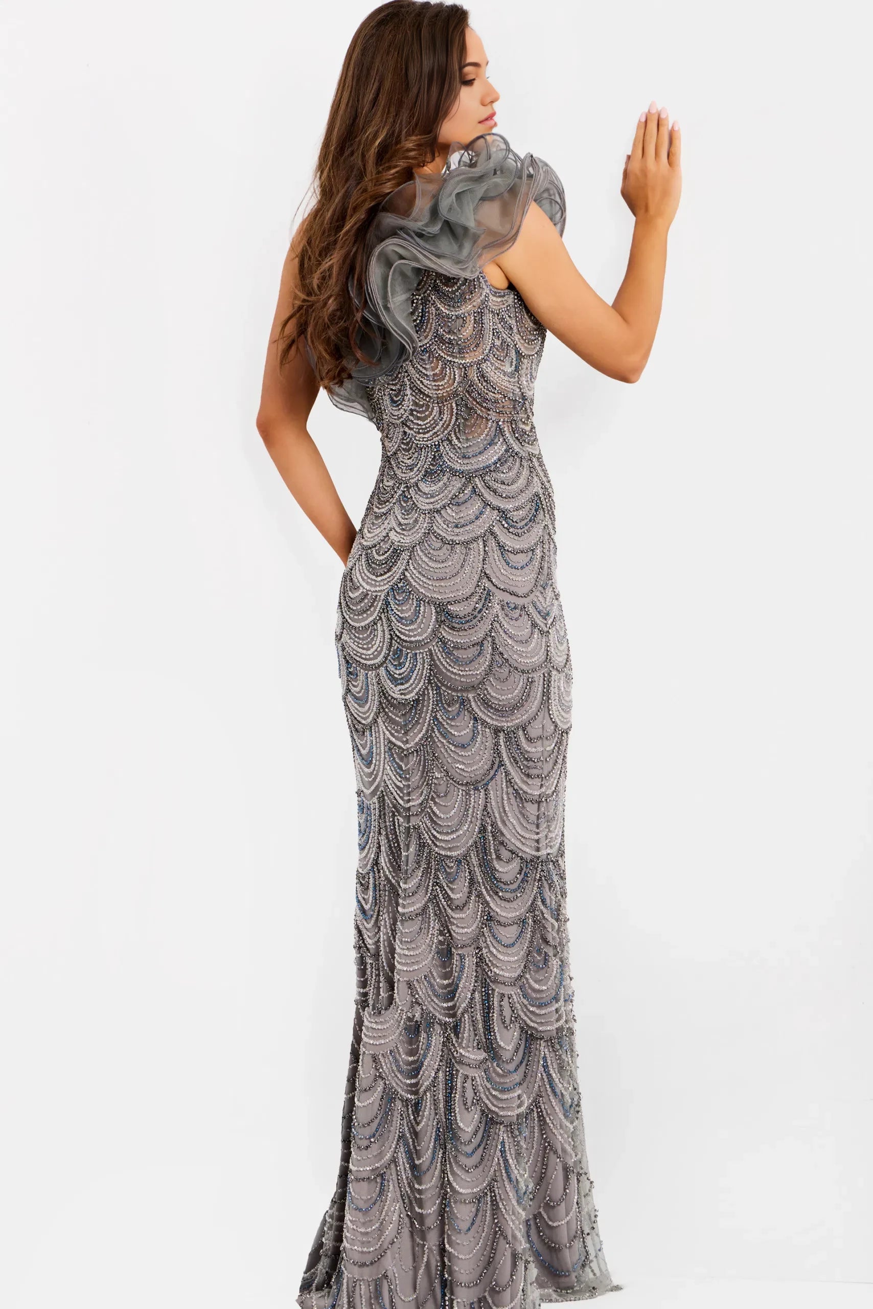 Glamorous Mermaid One-Shoulder Beaded-Scallop Chiffon-Ruffled Long Length Evening Dresses