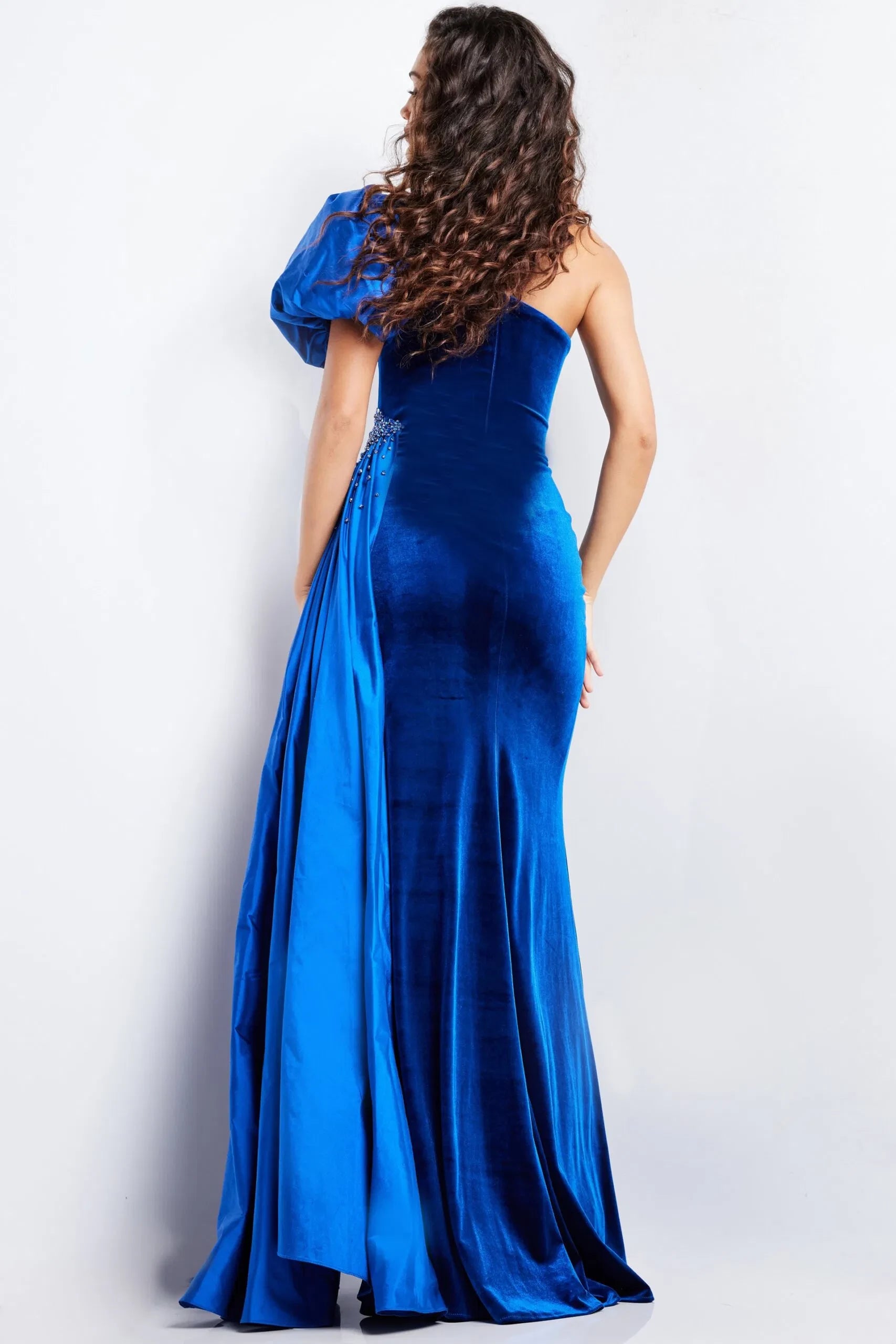 Glamorous Mermaid One-Shoulder Beaded-Velvet Satin-Cape High-Slit Long Length Evening Dresses