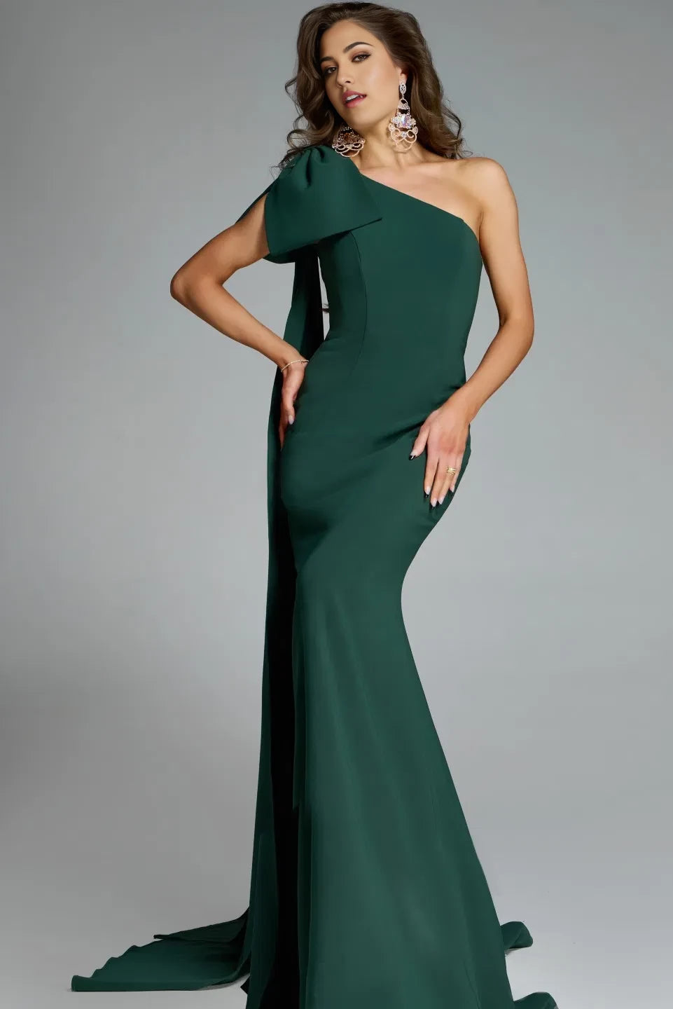 Glamorous Mermaid One-Shoulder Bow-Accent Draped Long Length Evening Dresses