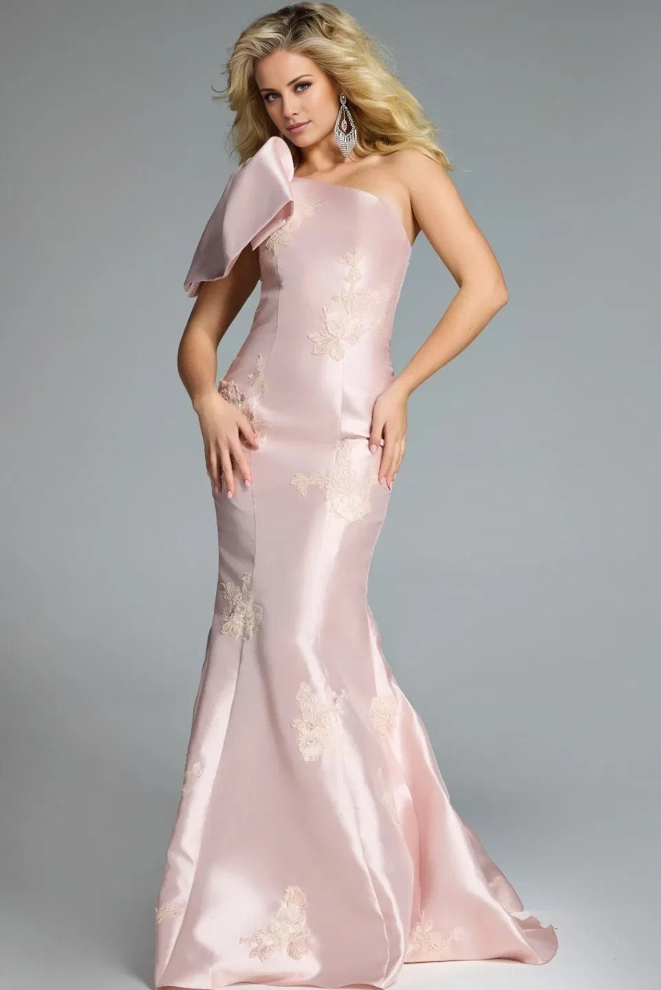 Glamorous Mermaid One-Shoulder Bow-Accent Floral-Embroidered Long Length Evening Dresses