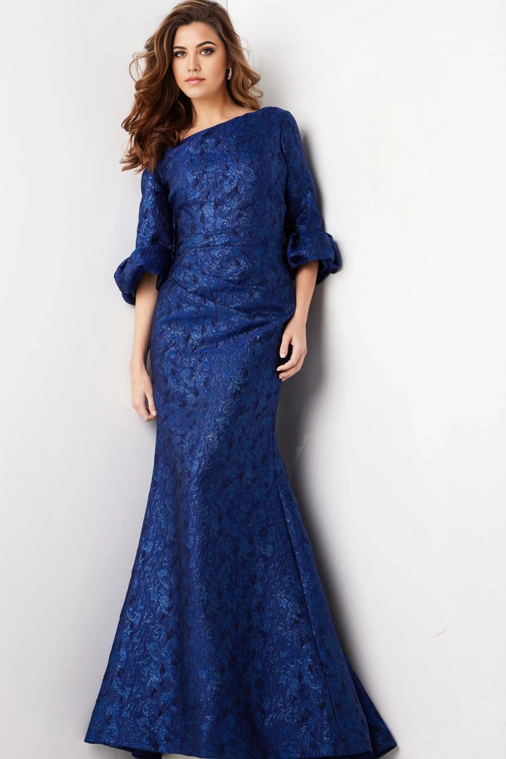 Glamorous Mermaid One-Shoulder Brocade Bell-Sleeve Long Length Evening Dresses