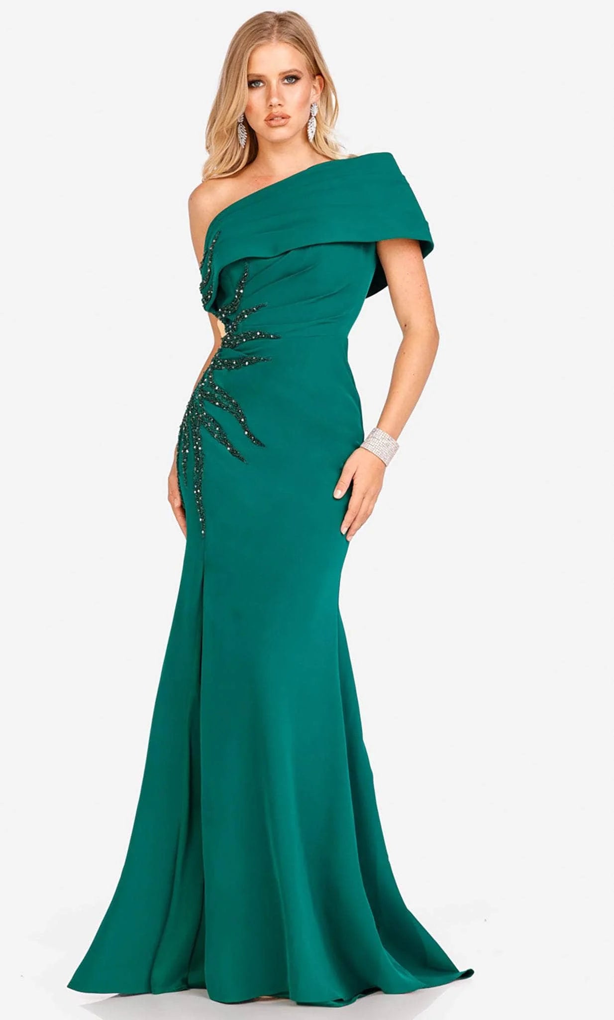 Glamorous Mermaid One-Shoulder Cap-Sleeve Open-Back Emerald Satin Beaded Floor-Length Mother of the Bride Dresses