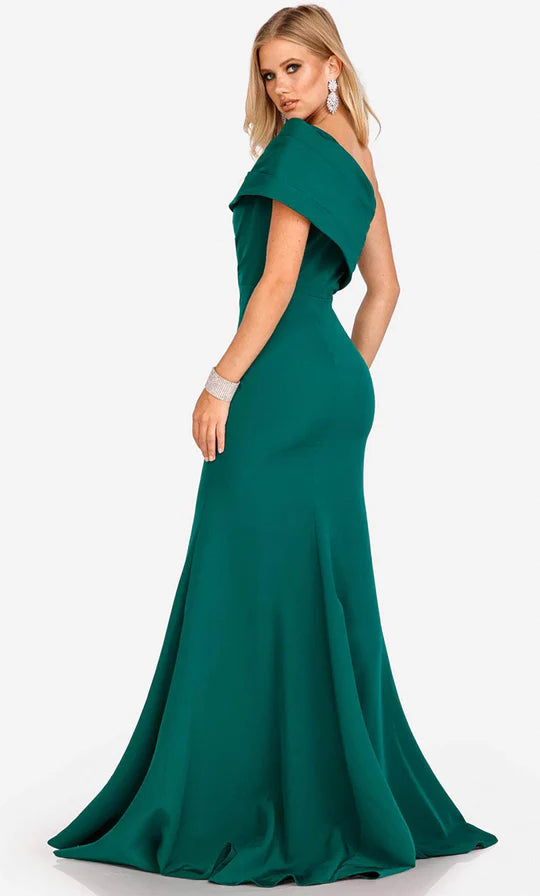 Glamorous Mermaid One-Shoulder Cap-Sleeve Open-Back Emerald Satin Beaded Floor-Length Mother of the Bride Dresses