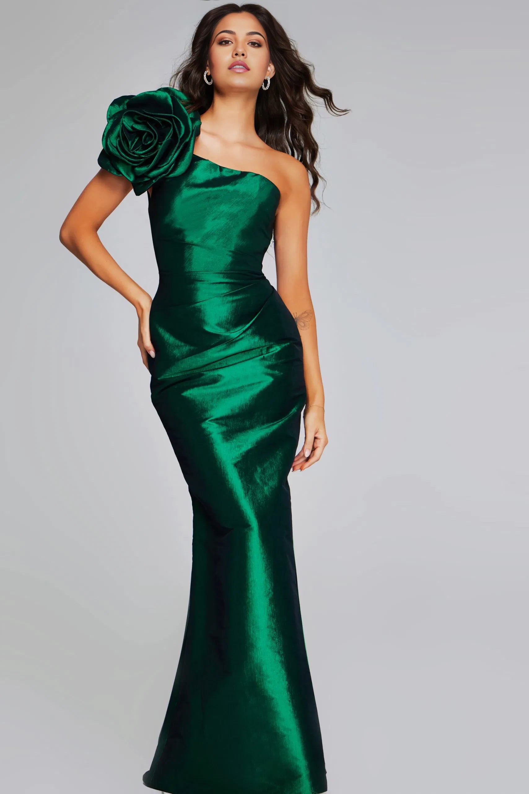Glamorous Mermaid One-Shoulder Floral-Accent Satin Long Length Evening Dresses