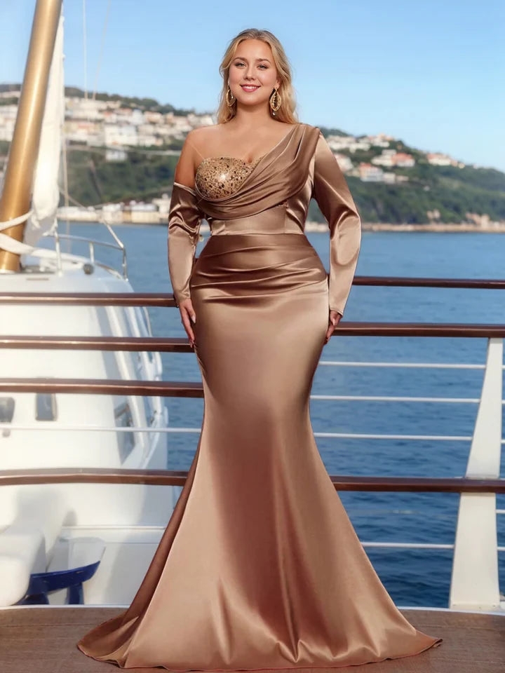 Plus Size Glamorous Mermaid One - Shoulder Long Sleeve Open Back Long Length Prom Dresses