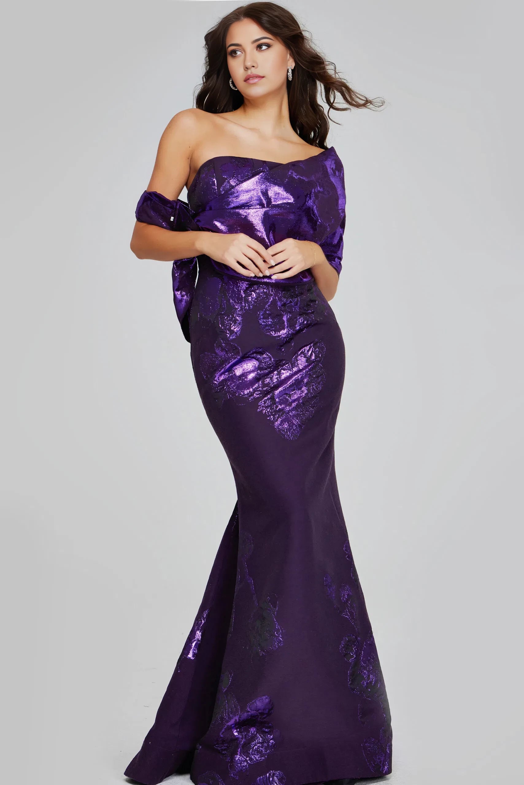 Glamorous Mermaid One-Shoulder Metallic-Floral-Accent Draped-Sleeve Long Length Evening Dresses