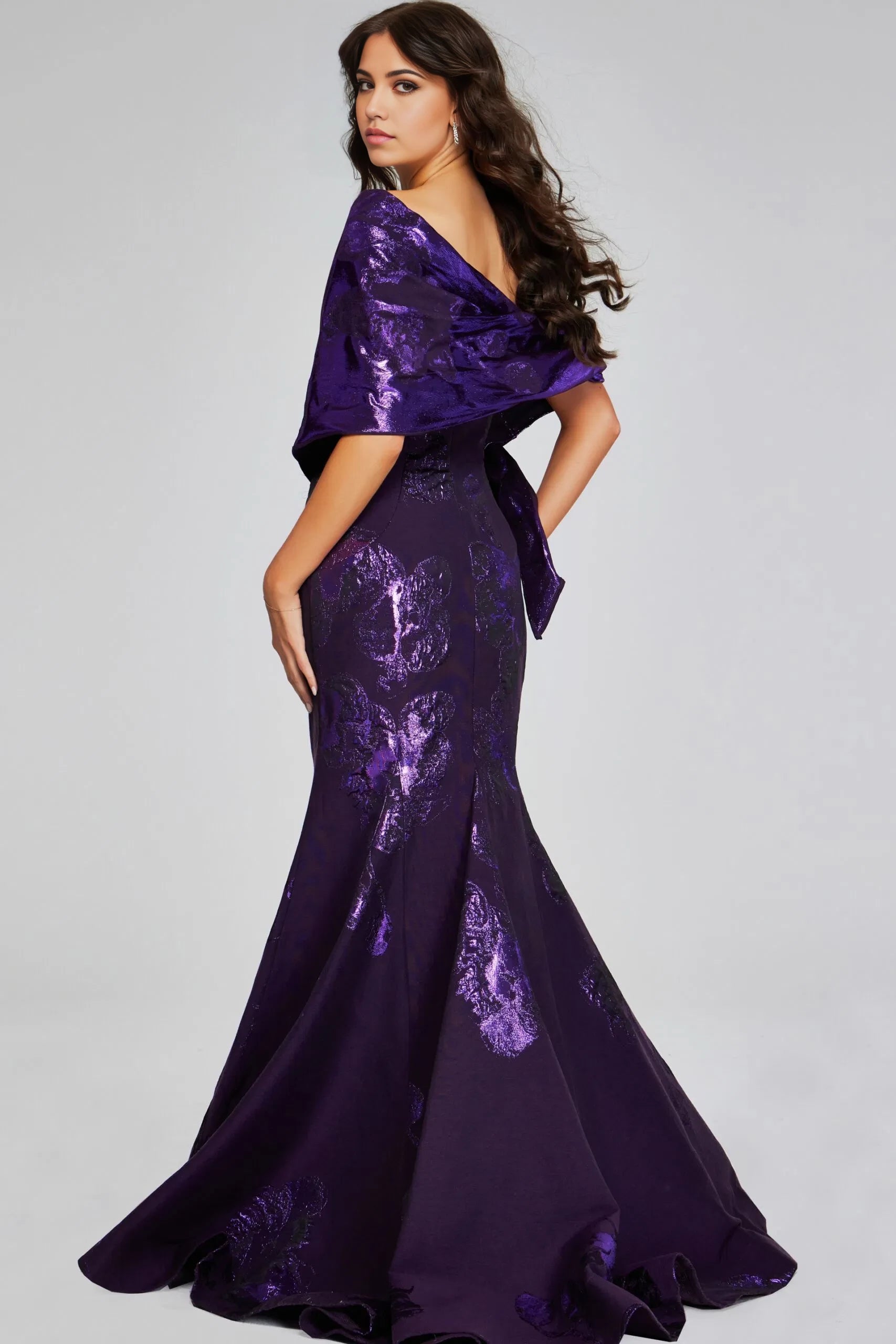 Glamorous Mermaid One-Shoulder Metallic-Floral-Accent Draped-Sleeve Long Length Evening Dresses