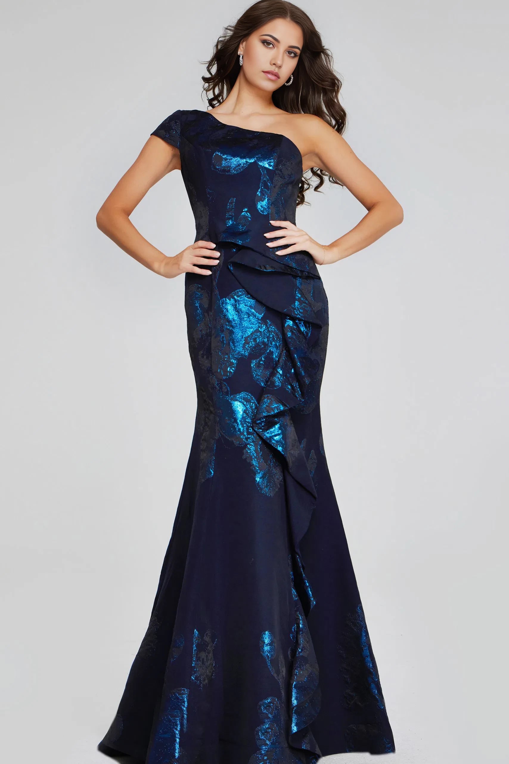 Glamorous Mermaid One-Shoulder Metallic-Floral Ruffled-Side Long Length Evening Dresses
