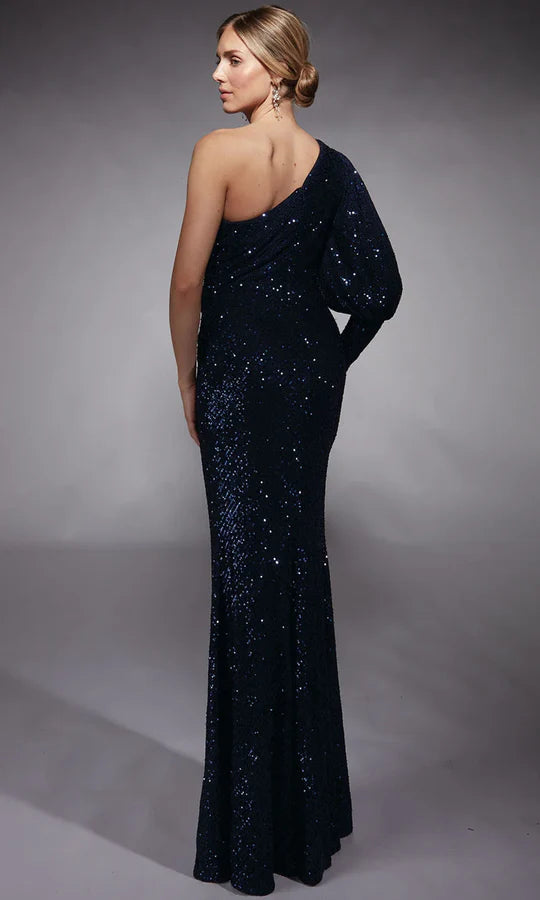 Glamorous Mermaid One-Shoulder Puff-Sleeve-Zip-Back Navy Sequin Floor-Length Mother of the Bride Dresses